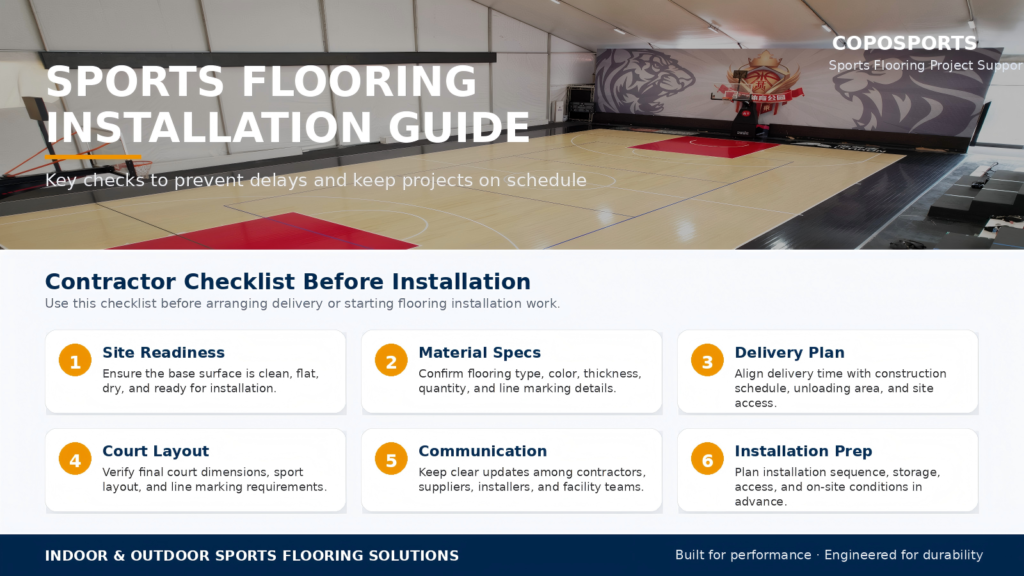 Sports flooring installation checklist for contractors covering site readiness material specifications delivery planning court layout communication and installation preparation