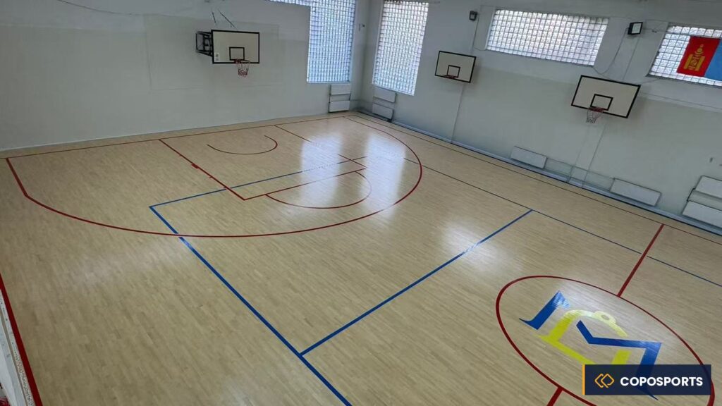 Overhead view of completed sports flooring installation delivered by COPOSPORTS