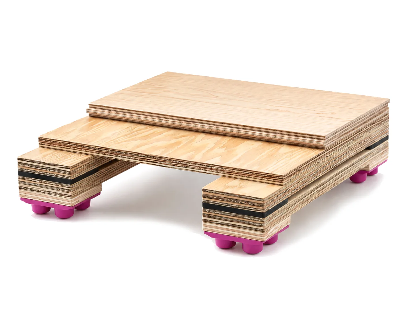 Layered engineered hardwood sports flooring assembly with resilient support pads